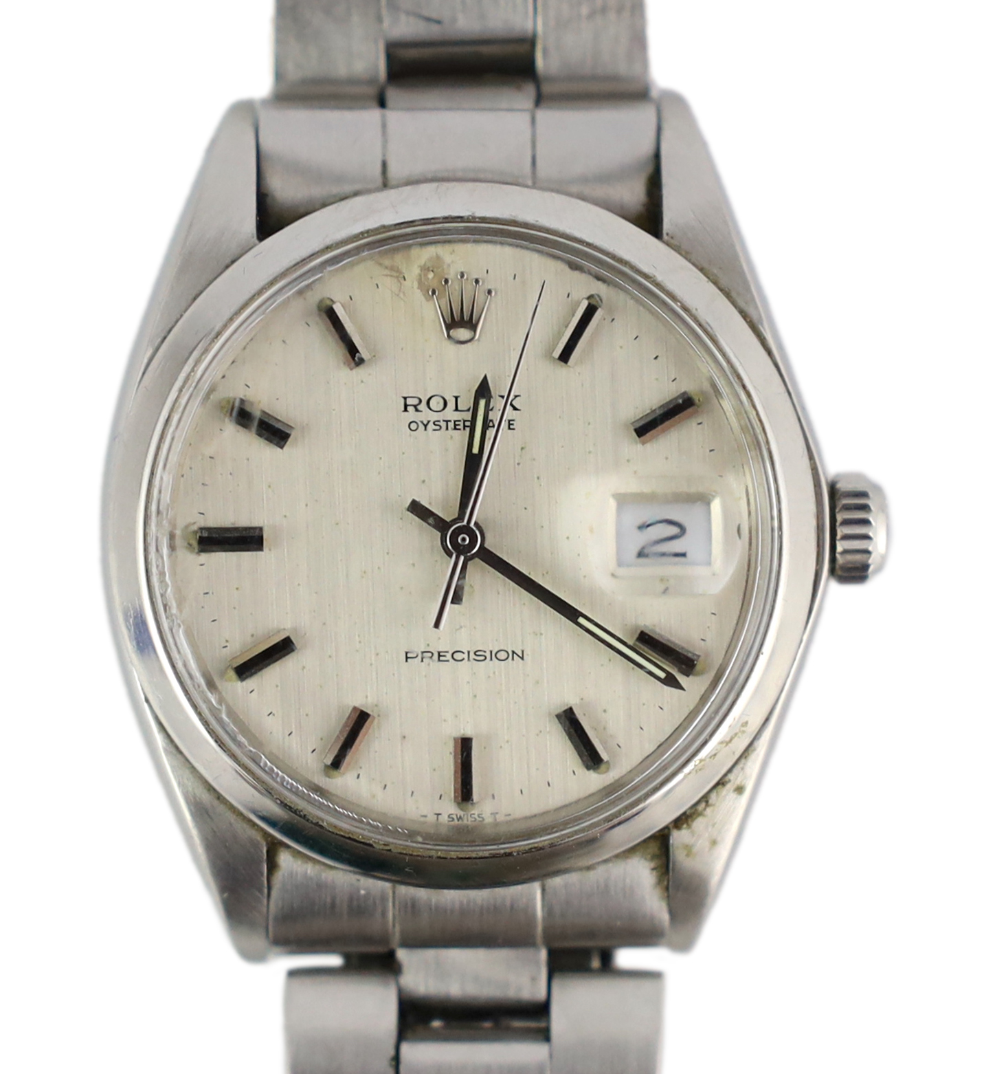 A gentleman's early 1970's stainless steel Rolex Oysterdate Precision manual wind wrist watch, on a stainless steel Rolex bracelet